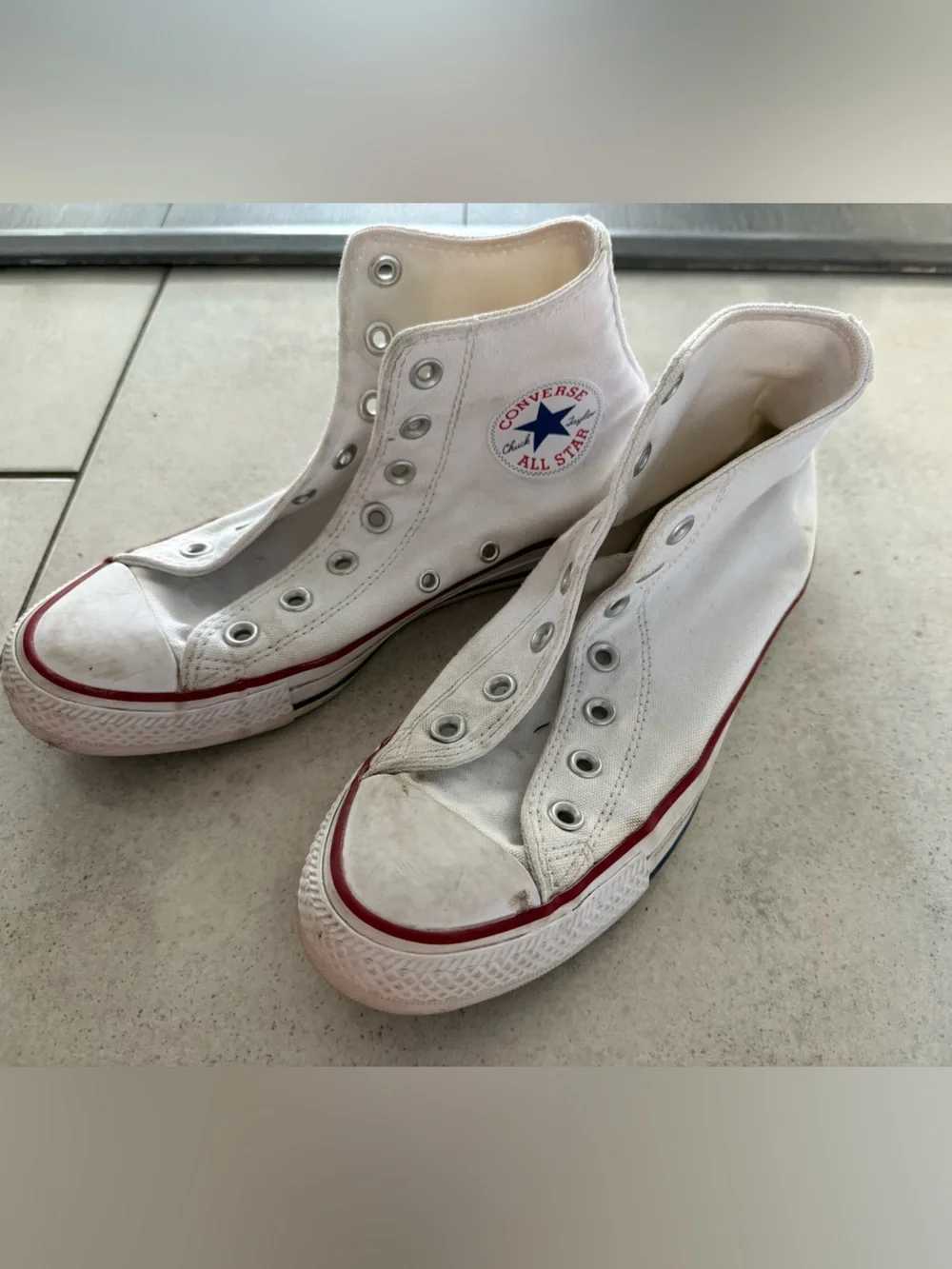 Converse White High Top Sneakers with Red Trim - Picture 2 of 3